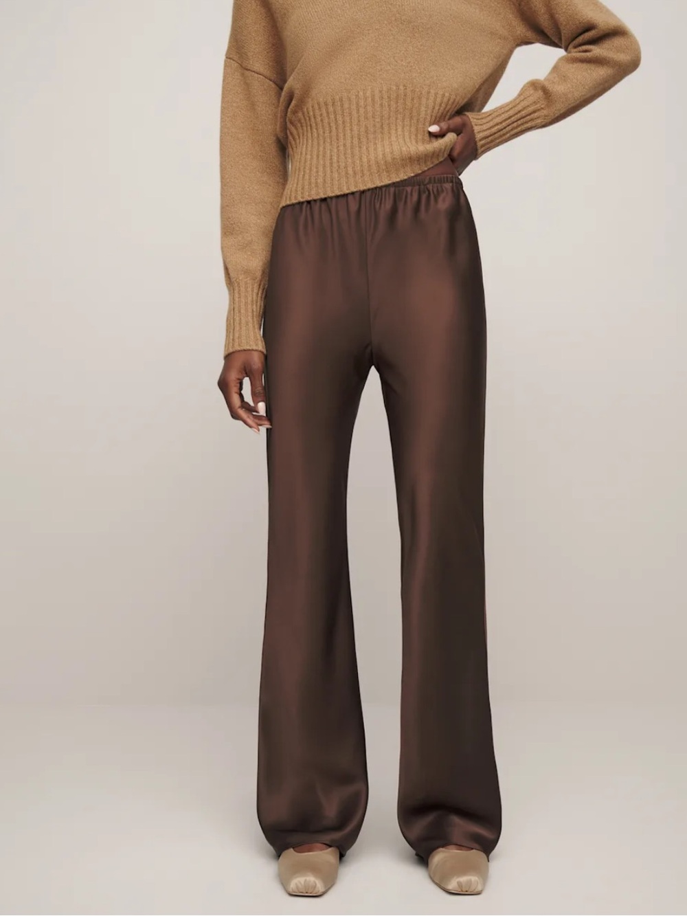 Reformation Gale Satin Mid-rise Pants in Cafe Size XS